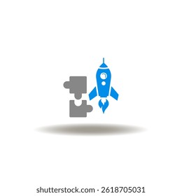 Vector illustration of rocket and puzzle pieces. Symbol of leadership. Icon of challenge, mission.