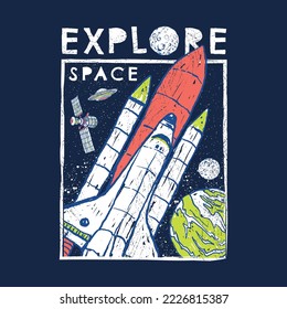 Vector illustration of rocket with satellites, planets and typography. For boys t shirt.