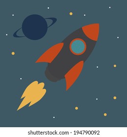 Vector illustration of rocket ship flying through space