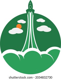 A Vector illustration of a rocket soaring out of the green sphere leaving a trial of green fumes.