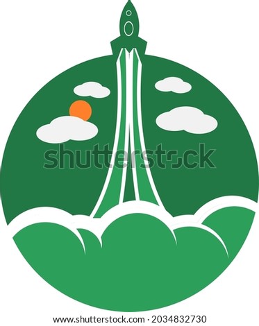 A Vector illustration of a rocket soaring out of the green sphere leaving a trial of green fumes.