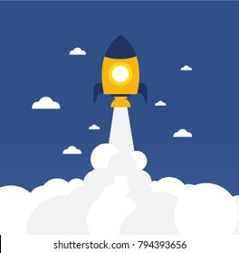 vector illustration rocket soars into space through clouds. starting a business