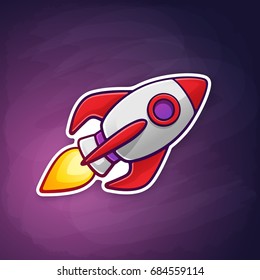 Vector illustration. Rocket space ship with a flame from a turbine flying on the space background. Sticker in cartoon style with contour. 