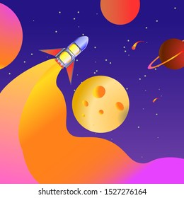 Vector illustration of rocket in space. Spaceship. Space. Planets of the solar system