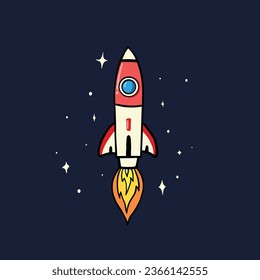 vector illustration of rocket in space, spaceship hand drawn flat design style with stars as background