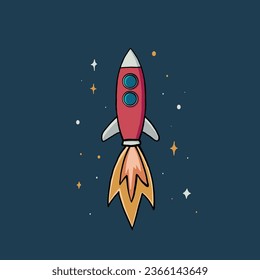vector illustration of rocket in space, spaceship hand drawn flat design style with stars as background