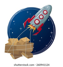 Vector Illustration of Rocket in space transporting boxes