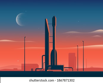 Vector illustration of a rocket spaceship at sunset preparing for launch.