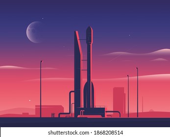 Ilustración vectorial de una nave espacial con cohetes al atardecer preparándose para el lanzamiento.