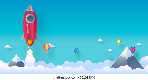 Vector illustration of rocket of success business soaring from the clouds high mountains and many balloons on the background is the blue sky, with paper style.