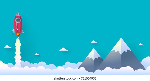 Vector illustration of rocket of success rising from the clouds. Up high above the mountain on a blue sky background, with paper style.