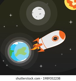 A vector illustration of rocket take off leaving the earth, fit for children book, education etc.