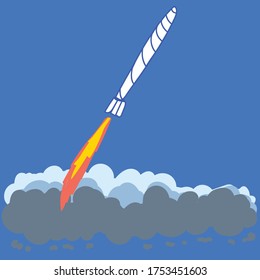 Vektorgrafik mit Raketenstart in flachem Stil. Stockbild über die Entwicklung der Raumfahrttechnik.
