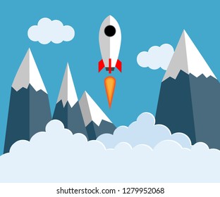 Vector illustration of a rocket taking off on the background of snowy mountains and clouds in a flat style