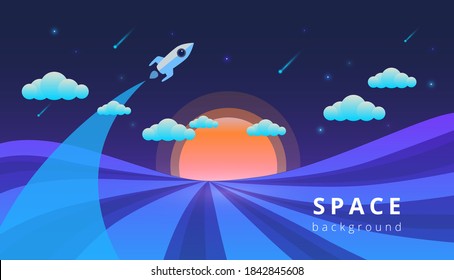 vector illustration with rocket taking off into the night sky