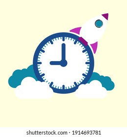 Vector illustration of a rocket taking off with a large clock background. graphic elements are useful rush hour or haste concept