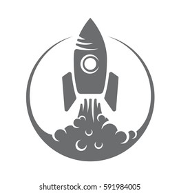vector illustration of a rocket taking off the logo in the sky, smoke.