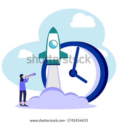 Vector illustration of a rocket taking off with a large clock background. graphic elements are useful investments in investing in a successful business in a short time. Entrepreneurs observe an income