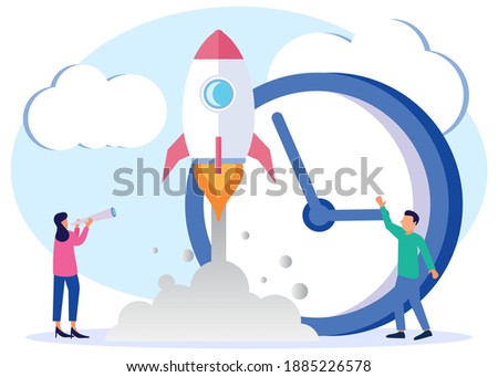 Vector illustration of a rocket taking off with a large clock background. graphic elements are useful investments in investing in a successful business in a short time. Entrepreneurs observe an increa
