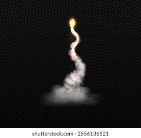 Vector illustration of rocket trail with fiery explosion. Realistic vertical path of spaceship launch with smoke cloud. Movement or takeoff. Explosion effect with flame or rocket fire. Steam flow.