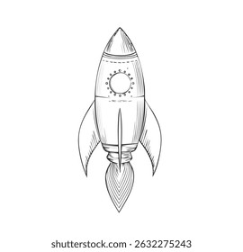 a vector illustration of a rocket with white background. A line work rocket with black outlines.