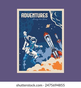 Vector Illustration of Rockets and Astronout with Moon, Meteors, Planet and Clouds in The Space with Simple Illustration Available for Poster