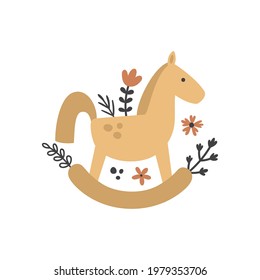 vector illustration of rocking horse and flowers in bohemian style, cute image for babies, clipart for baby showers, nursery room design