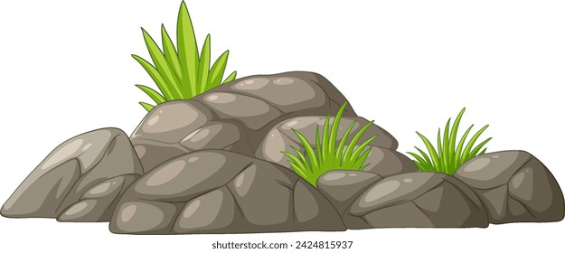 Vector illustration of rocks with fresh grass