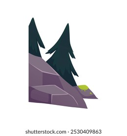 Vector illustration of rocks with moss and fir trees on isolated background. Perfect abstract element for fairytale forest decorative landscape. Cartoon style.