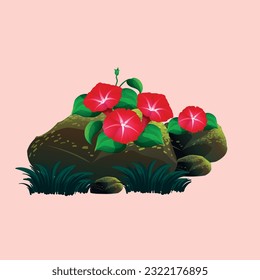 Ilustración vectorial de rocas con flores rojas encima y una pequeña hierba delante es una imagen que presenta una composición natural con rocas, interesantes flores rojas y una pequeña hierba en primer plano.