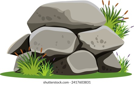 Ilustración vectorial de rocas con vegetación circundante