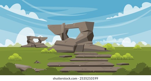 Ilustración vectorial de paisaje rocoso. Escena de dibujos animados de una llanura con hermosas rocas Grandes, rocas de varias Formas y tamaños, azulejos de piedra, arbustos, el cielo con nubes blancas. Rocas de montaña.