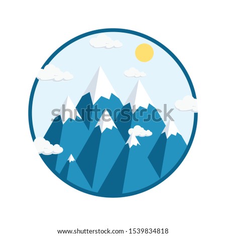 Vector illustration of rocky mountains isolated on white background. International Mountain Day. Landscape with sun and clouds. December 11th. Suitable for greeting card, poster and banner.