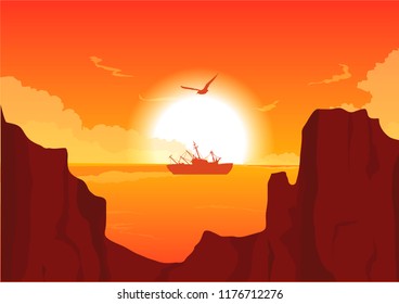 vector illustration of rocky shore and ship in the sunset horizon