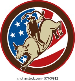 vector illustration of a Rodeo cowboy bull riding with stars and stripes in the background