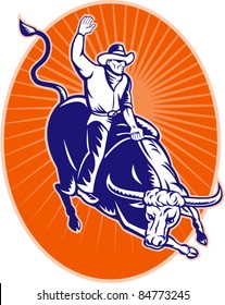 vector illustration of a rodeo cowboy riding bucking Texas longhorn bull done in retro woodcut style set inside oval with sunburst in background.