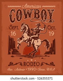 Vector illustration rodeo poster with a cowboy sitting on a rearing horse in retro style.