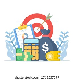 Ilustración vectorial del ROI que muestra gráficos en aumento, pilas de monedas, bolsa de dinero y flechas de crecimiento empresarial, que simbolizan el aumento de las ganancias, el éxito de la inversión y el rendimiento financiero.