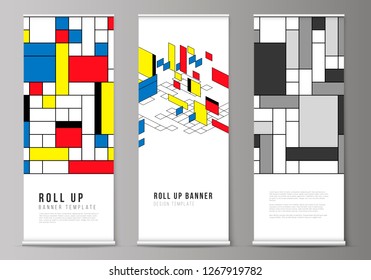 The vector illustration of roll up banner stands, vertical flyers, flags design business templates. Abstract polygonal background, colorful mosaic pattern, retro bauhaus de stijl design.