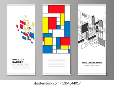 The vector illustration of roll up banner stands, vertical flyers, flags design business templates. Abstract polygonal background, colorful mosaic pattern, retro bauhaus de stijl design.