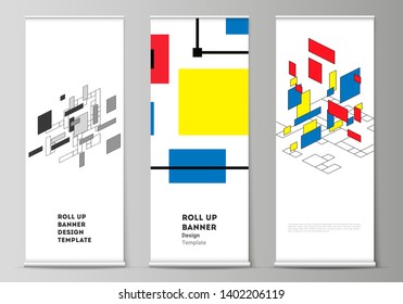 The vector illustration of roll up banner stands, vertical flyers, flags design business templates. Abstract polygonal background, colorful mosaic pattern, retro bauhaus de stijl design.