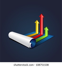 vector illustration roll of blue paper with colorful graph or diagram with arrows