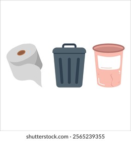 a vector illustration of a roll of paper towels and some trash bins