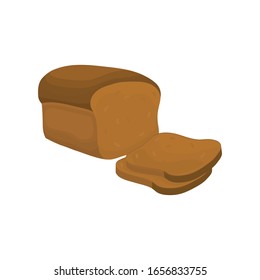 Vector illustration with a roll of rye brown bread in cartoon style. Loaf and two slices of bread on a white background. For packaging and menu