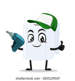 vector illustration of roll toilet paper mascot or character holding hand drill