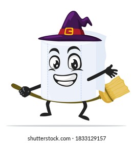 vector illustration of roll toilet paper mascot or character wearing witch costume and ride flying broom