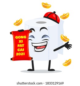 vector illustration of roll toilet paper mascot or character holding red scroll and says happy chinese new year 2021