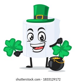 vector illustration of roll toilet paper mascot or character wearing shamrock hat