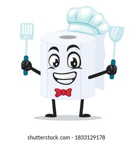 vector illustration of roll toilet paper mascot or character wearing chef hat and holding spatula