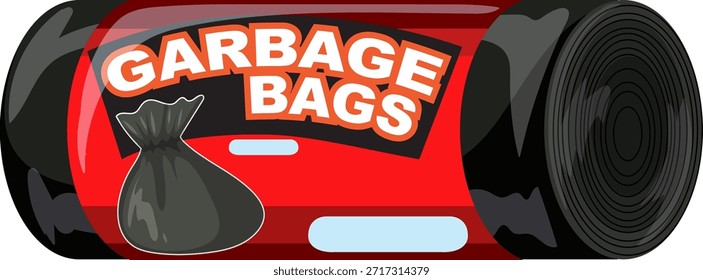 Vector illustration of rolled black garbage bags in red packaging, bold label, clean design